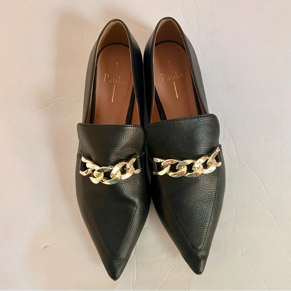 Paolo Black Loafers with Pointed Toe and Gold Chain Classic Work Attire Size 10